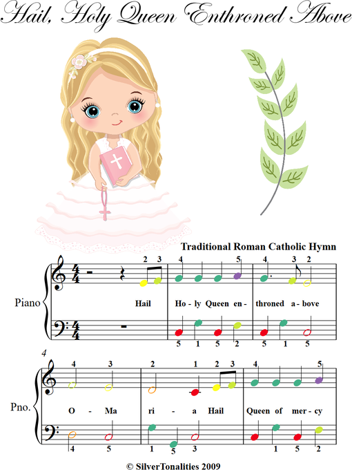 Cover image for Hail Holy Queen Enthroned Above Easy Piano Sheet Music with Colored Notes